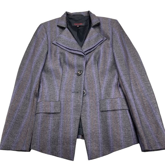 Escada Blazer Women 34 Gray Purple‎ Stripe  Herringbone Layer Collar Classic - Picture 1 of 10